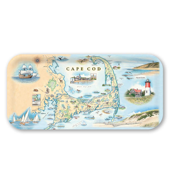 Small  Serving Tray Map of Cape Cod with illustrations on a white background