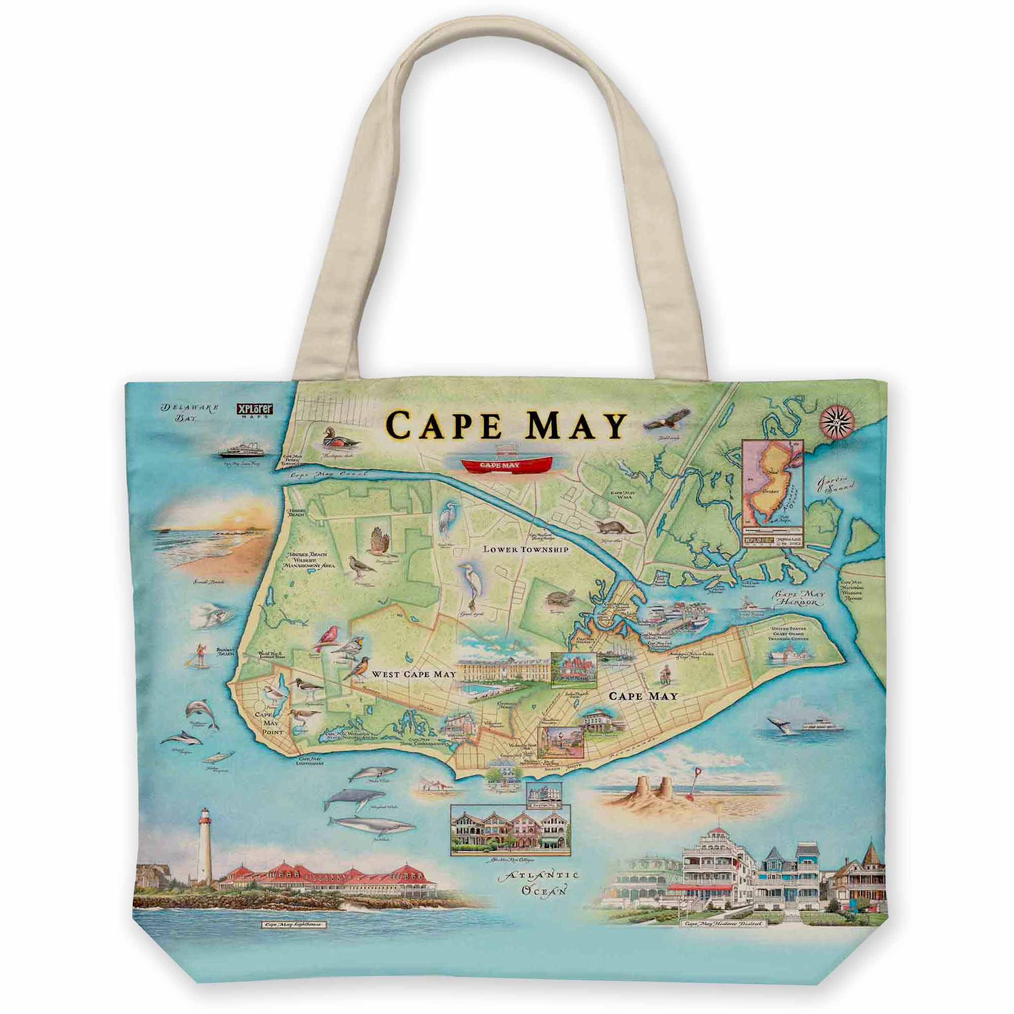 New Jersey's Cape May Map Canvas tote bag in earth tones of blue and green. The map features heron and whale species. Map features Cape May, Lower Township, and West Cape May. Cape May Harbor, Congress Hall, Washington St. Mall, and Cape May Bird Observatory.