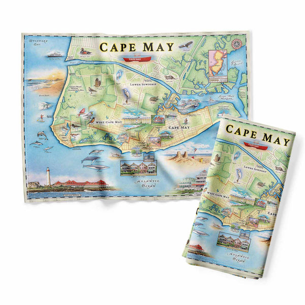 Cape May Map dishtowels in earth-tone colors of blue and greens. Featuring heron and whale species. Map features Cape May, Lower Township, West Cape May, Cape May Harbor, Congress Hall, Washington St. Mall, and Cape May Bird Observatory.