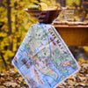 Cape May map towel on a table with a bowl of fruit and glass in an autumn setting