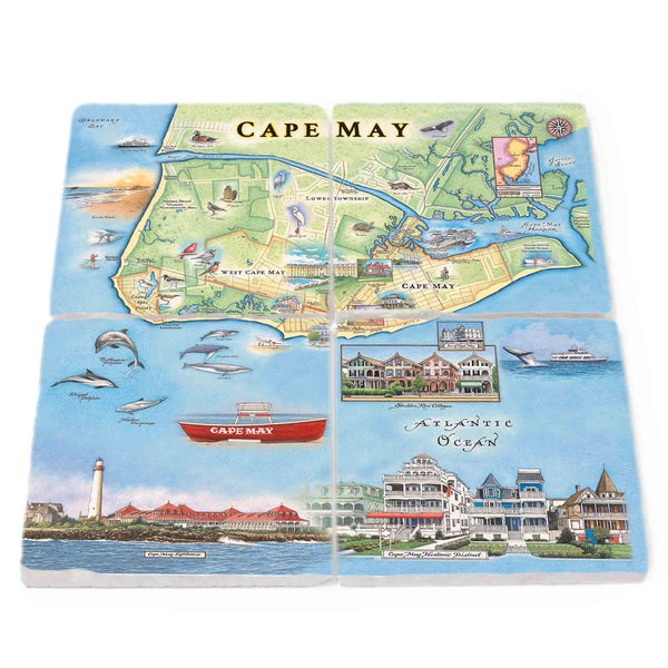 New Jersey's Cape May Map natural stone coaster set of four. The map features heron and whale species. Map features Cape May, Lower Township, and West Cape May. Cape May Harbor, Congress Hall, Washington St. Mall, and Cape May Bird Observatory.