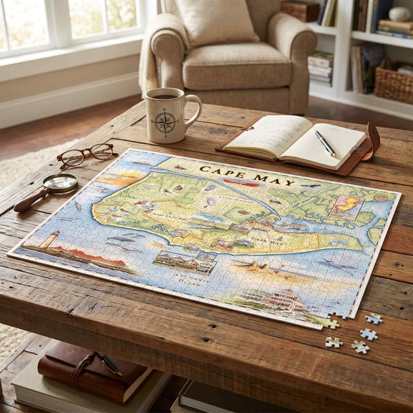 A completed vintage-style map jigsaw puzzle reading "CAPE MAY" is displayed on a rustic wooden table in a cozy living room setting, surrounded by a mug, open book, glasses, and loose puzzle pieces.
