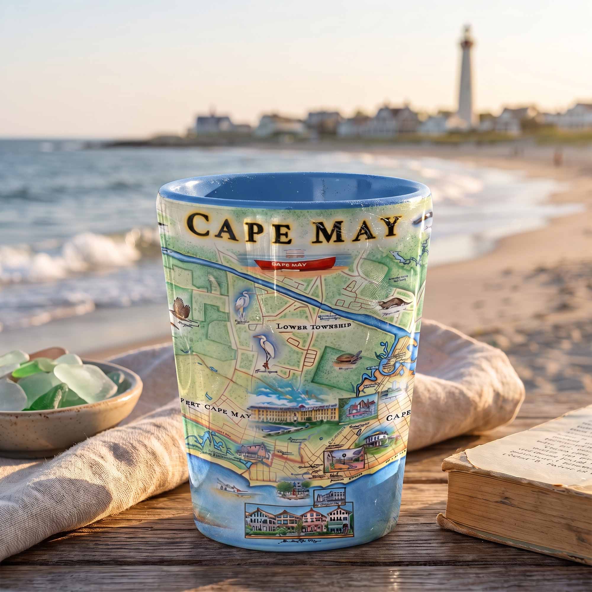 A ceramic shot glass featuring a colorful illustrated map of Cape May, NJ, styled on a wooden table with a beach and lighthouse in the background.