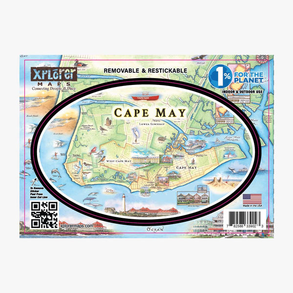 Cape May, New Jersey sticker featuring the Atlantic Ocean, Delaware Bay, sea otters, sandcastles, a lighthouse, sea life, and more.