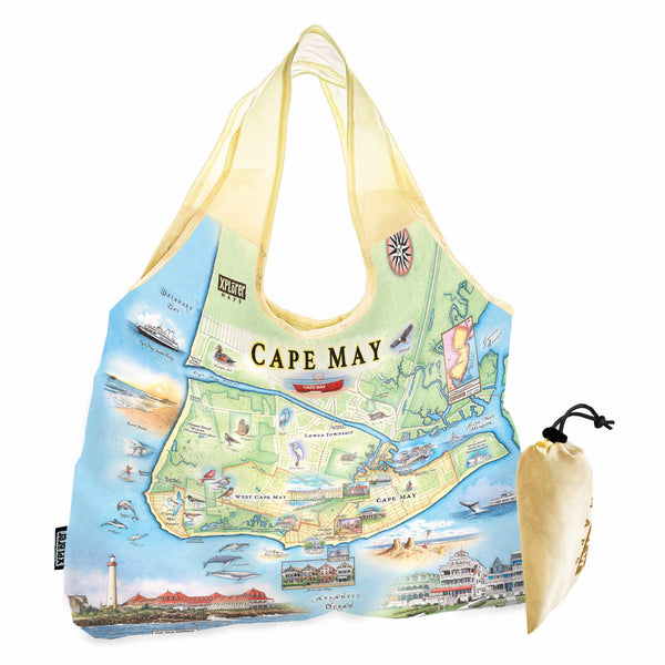 New Jersey's Cape May Map pouch tote bag in earth tones of blue and green. The map features heron and whale species. Map features Cape May, Lower Township, and West Cape May. Cape May Harbor, Congress Hall, Washington St. Mall, and Cape May Bird Observatory. 