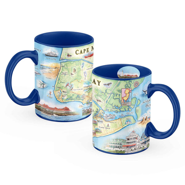 Cape May Map coffee mug front and back view in earth tones of blue and green. The map features heron and whale species. Map features Cape May, Lower Township, and West Cape May. Cape May Harbor, Congress Hall, Washington St. Mall, and Cape May Bird Observatory. 