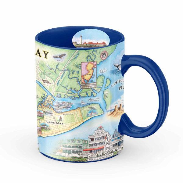 Cape May Map coffee mug front view in earth tones of blue and green. The map features heron and whale species. Map features Cape May, Lower Township, and West Cape May. Cape May Harbor, Congress Hall, Washington St. Mall, and Cape May Bird Observatory. 