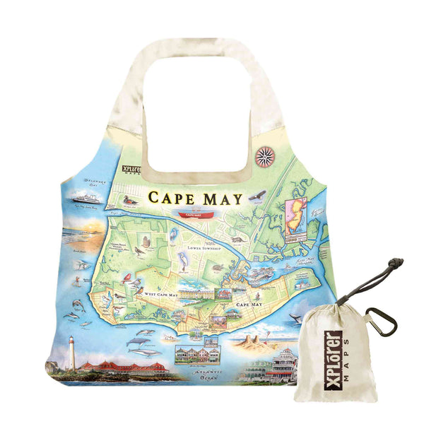New Jersey's Cape May Map pouch tote bag in earth tones of blue and green. The map features heron and whale species. Map features Cape May, Lower Township, and West Cape May. Cape May Harbor, Congress Hall, Washington St. Mall, and Cape May Bird Observatory. 