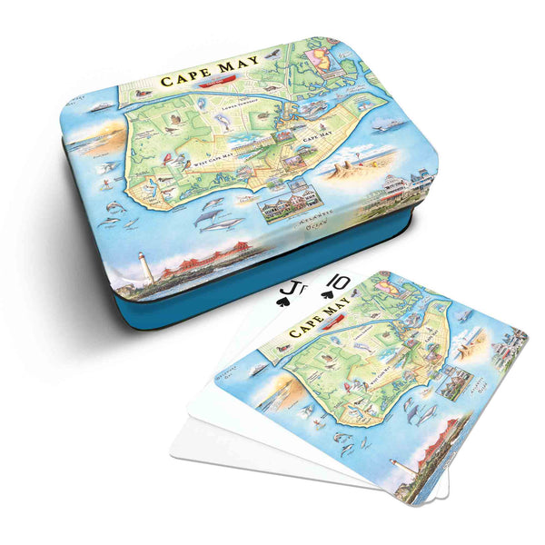 Cape May Map Playing cards that features iconic attractions, flora and fauna of that area - Blue Metal Tin