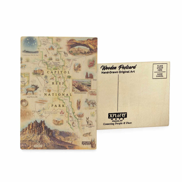Capitol Reef National Park Map wooden postcard in earth tone colors featuring hand-drawn illustrations of The Castle, Hickman Bridge, and surrounding landscapes.