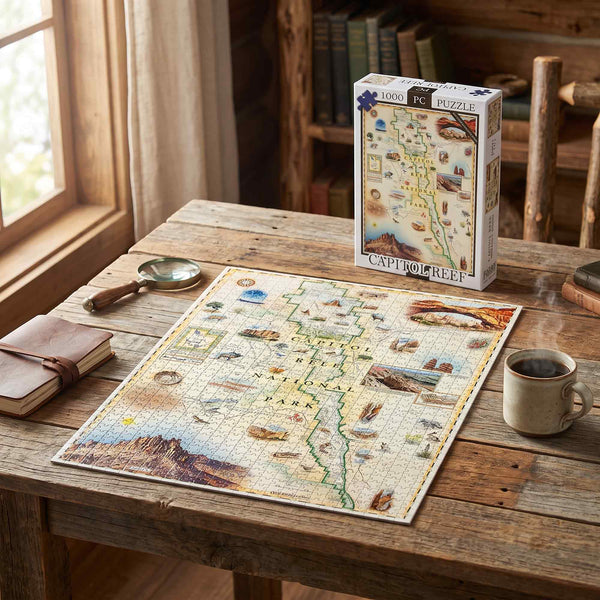 A 1000-piece jigsaw puzzle of the Captain Tree map is displayed on a rustic wooden table next to a mug, a notebook, and a magnifying glass, with its product box standing behind it.
