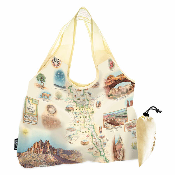 Utah's Capitol Reef National Park Map Pouch Tote Bag in earth tones. Featuring Claret Cup Cactus, Narrowleaf Yucca, Prince's Plume, and the Two-Needle Pinyon Pine. Detailed depictions of landmarks and geographic wonders like the Lower Muley Twist Canyon, Capitol Gorge, and Hickman Natural Bridge. 