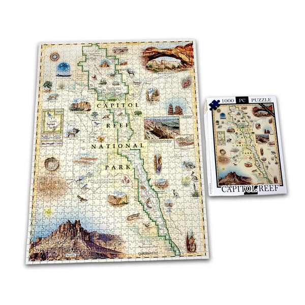 A completed 1000-piece jigsaw puzzle of Capitol Reef National Park shown next to its retail box on a plain white background.