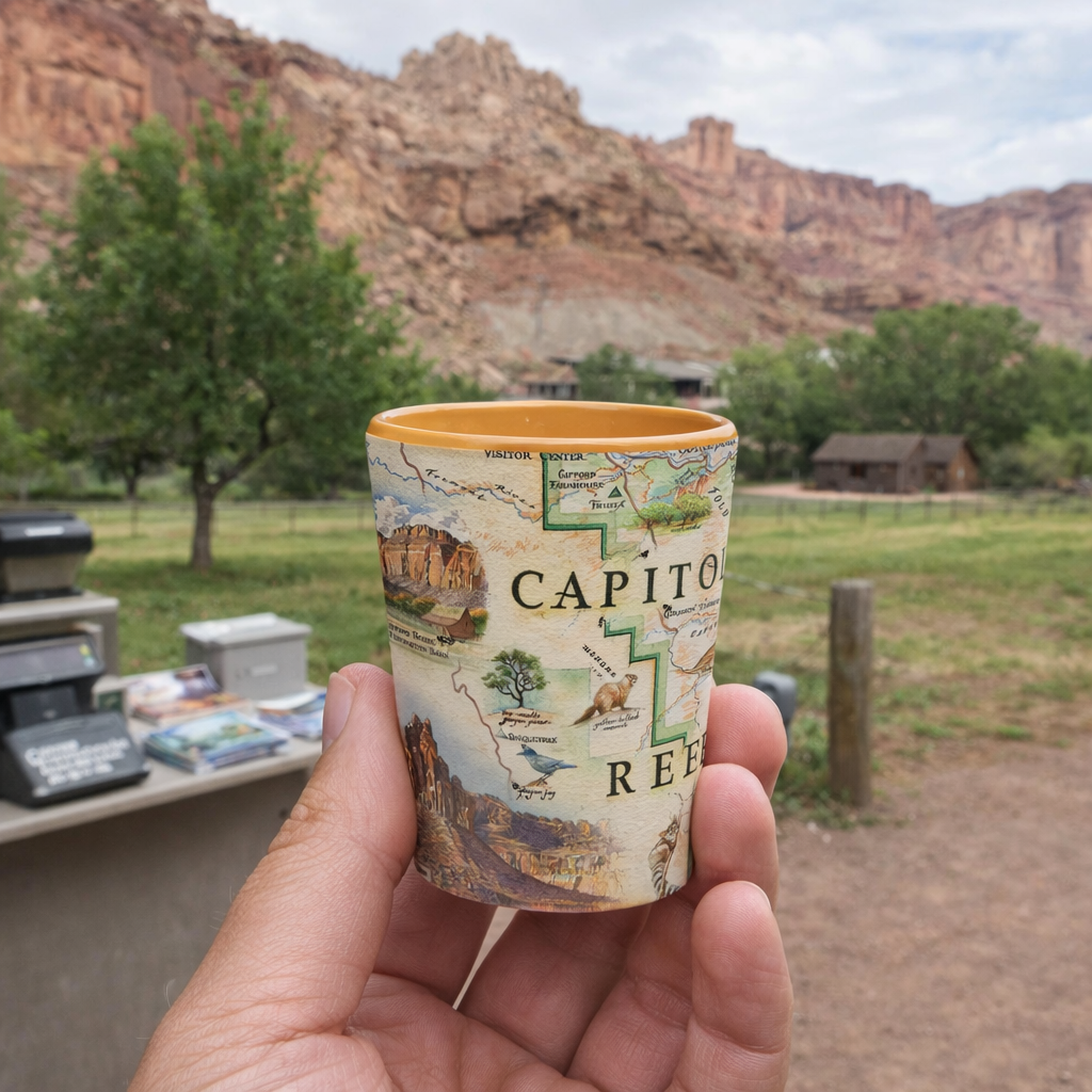 A hand holds a small illustrated cup featuring a vintage map design with the text 'CAPITOL REED' and scenic artwork, with a blurred outdoor desert canyon and grassy area in the background.