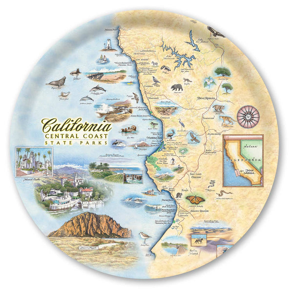 Large Round Serving Tray Map of California Central Coast State Parks with illustrations and text