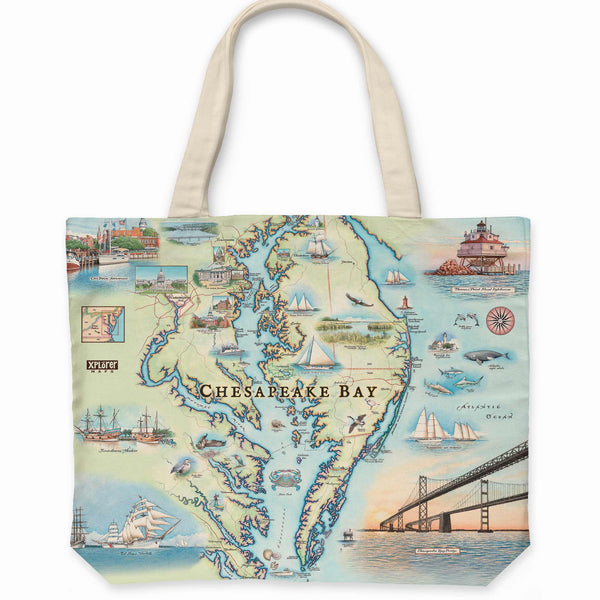 Chesapeake Bay Map Canvas Tote Bag by Xplorer Maps. Featuring illustrations of boat craft and marine life. Places on the map include Baltimore, Annapolis, Cambridge, Yorktown, and the Chesapeake Bay Bridge.