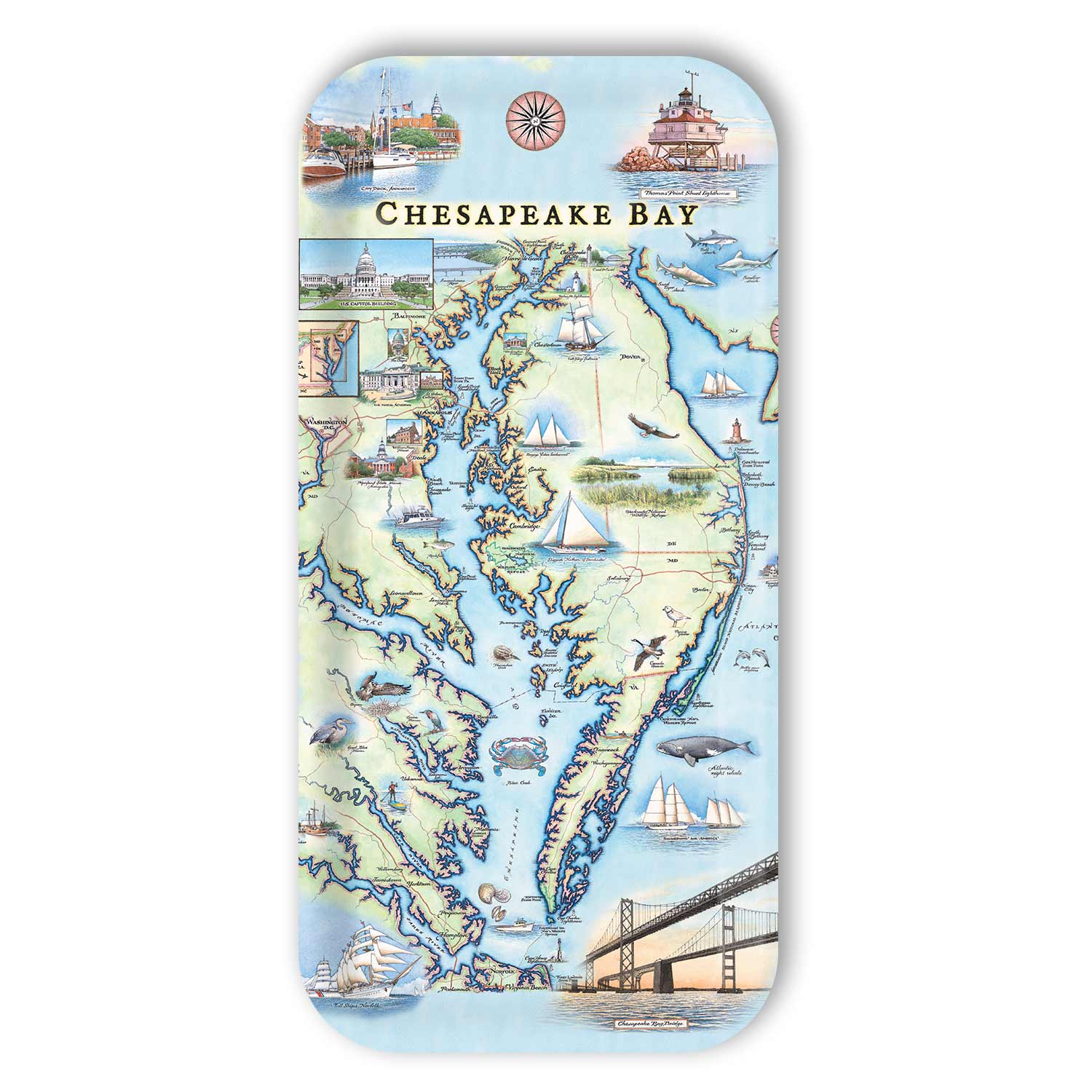 Small serving tray Map of Chesapeake Bay with illustrations on a blue background
