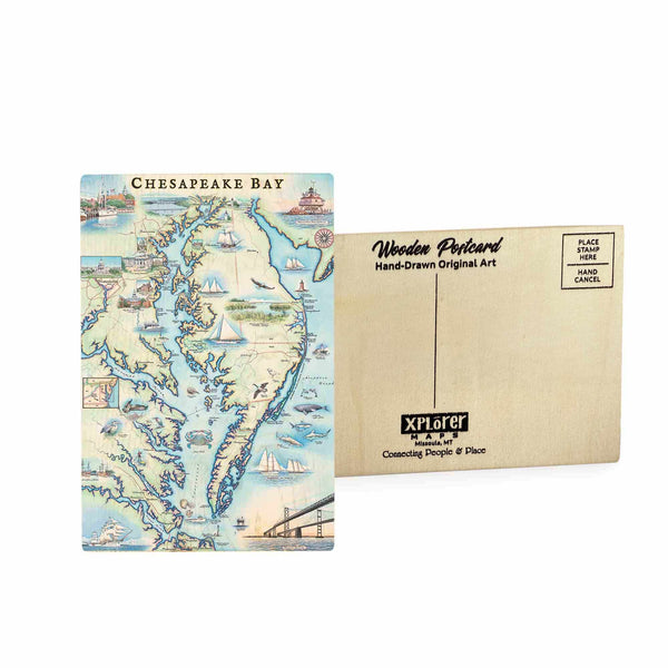 Chesapeake Bay wooden postcard featuring hand-drawn illustrations of coastal landmarks, waterways, and local wildlife, printed on sustainable Birch wood.