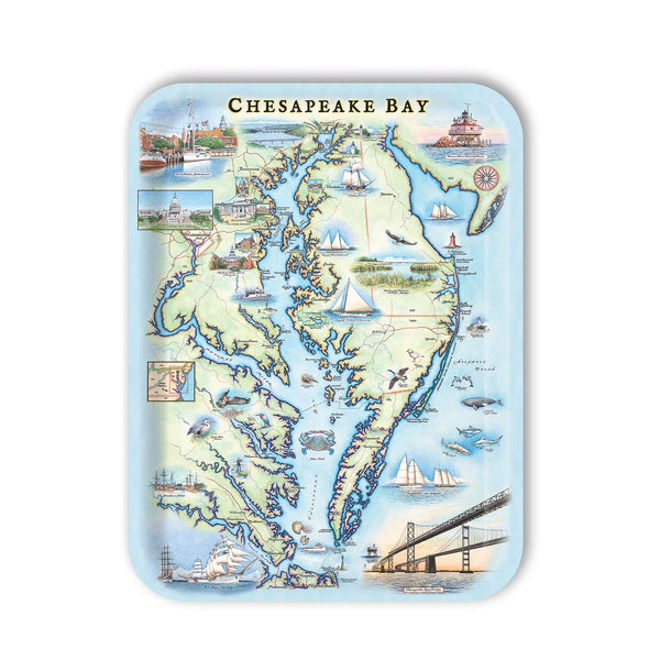 Medium serving tray  Map of Chesapeake Bay with illustrations on a light blue background