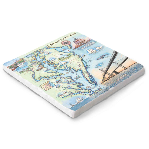 Hand-drawn Chesapeake Bay map on a 6x6 natural stone trivet by Xplorer Maps.