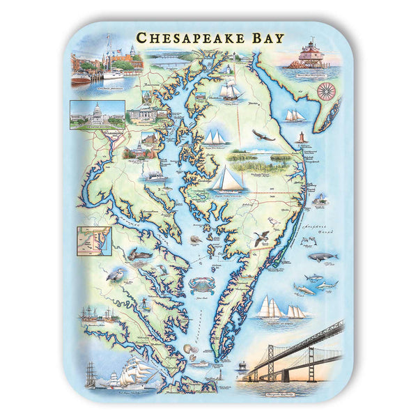 Large rectangle serving tray Map of Chesapeake Bay with various landmarks and illustrations on a blue background
