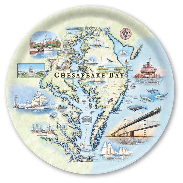 Round serving tray Map of Chesapeake Bay with illustrations on a decorative plate