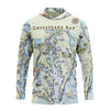 Sun shirt hoodie with Chesapeake Bay map design on a white background