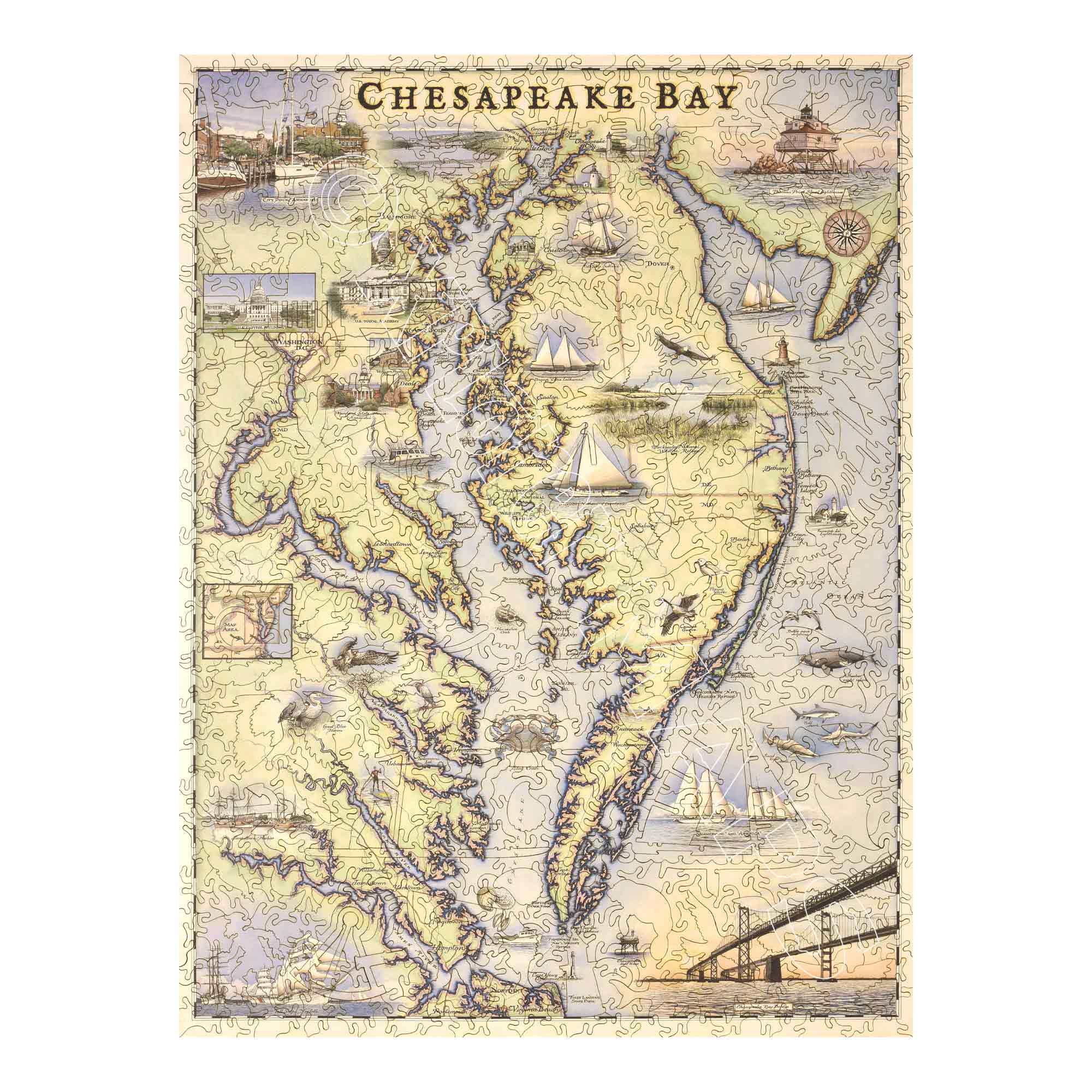 Xplorer Maps' classic wooden jigsaw puzzles. Featuring illustrations of boat craft and marine life. Places on the map include Baltimore, Annapolis, Cambridge, Yorktown, and the Chesapeake Bay Bridge. 