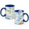 Chesapeake Bay Map Ceramic Mugs in blue featuring sail boats, bridges, sea creatures, bridges, and lighthouses.
