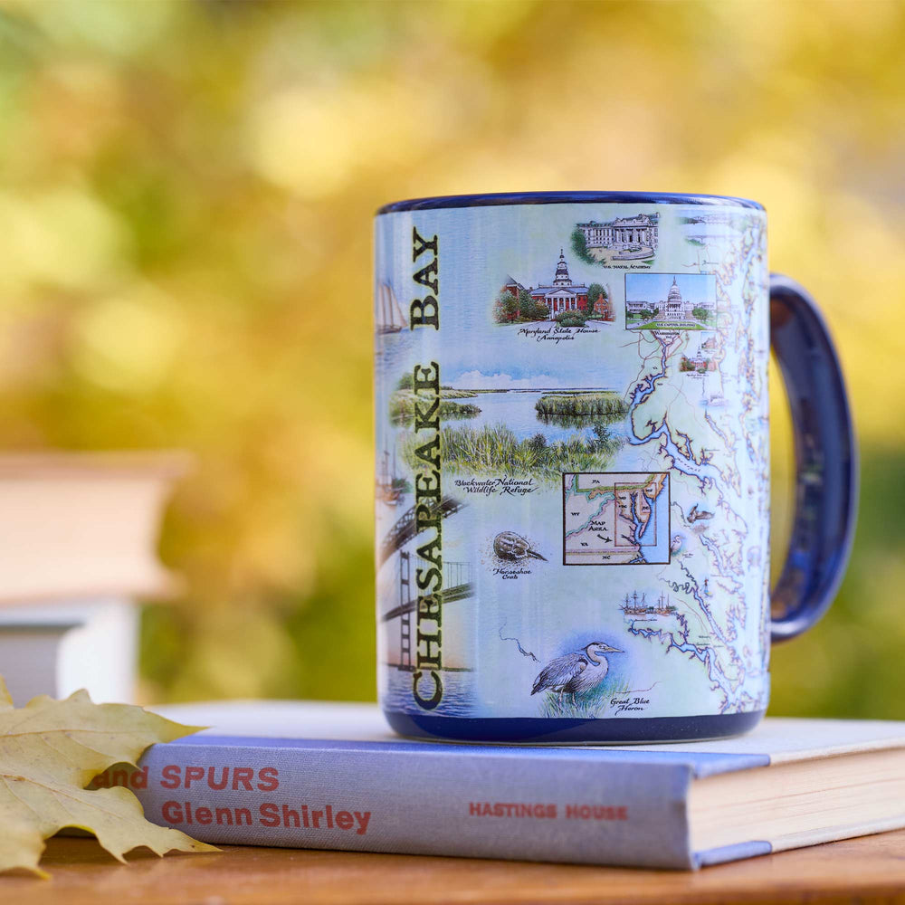 Mug with Chesapeake Bay design on a book outdoors