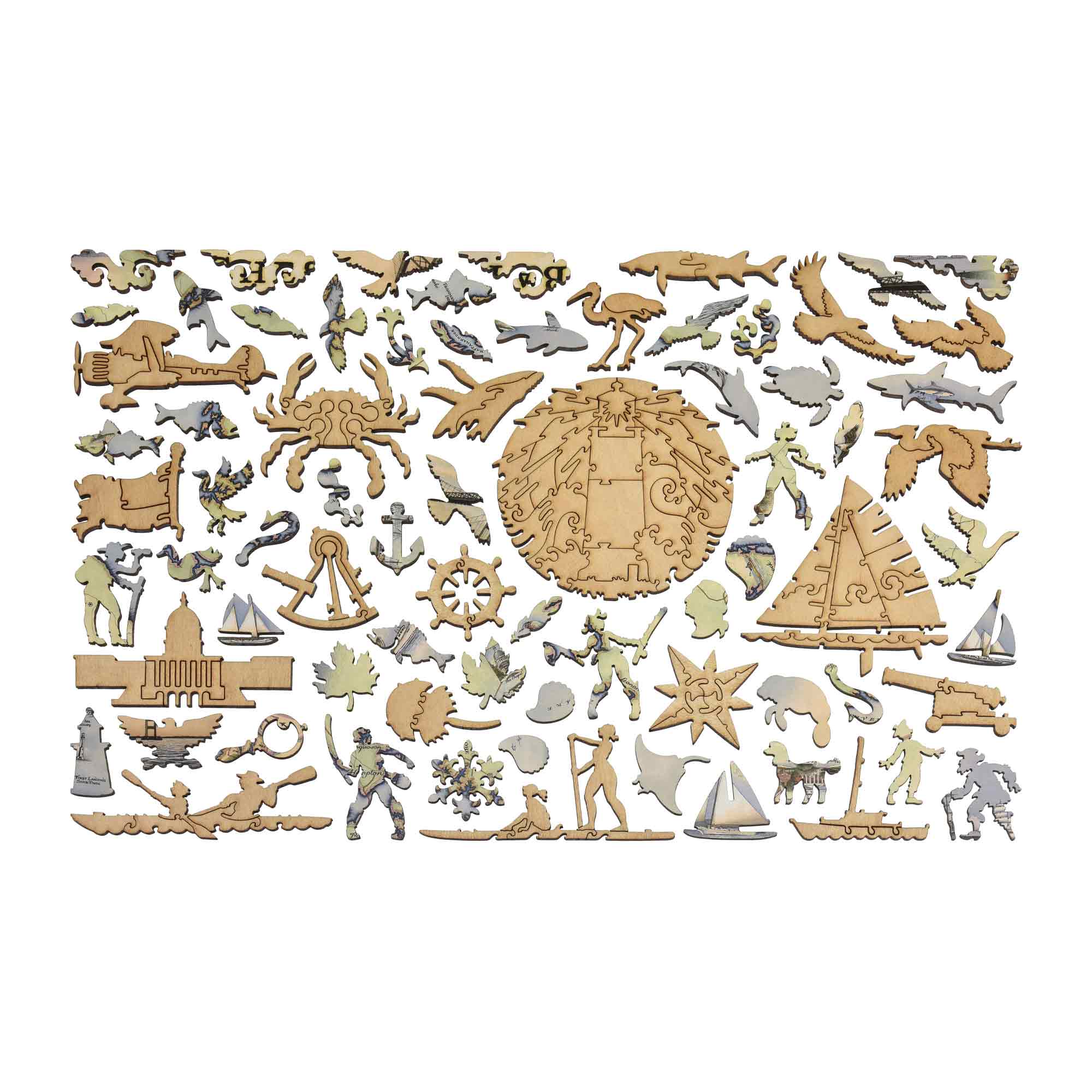 Xplorer Maps Wood Puzzle piece of a sail boat, crab, birds, canoe, buildings, flag, sea creatures, and explorers.  