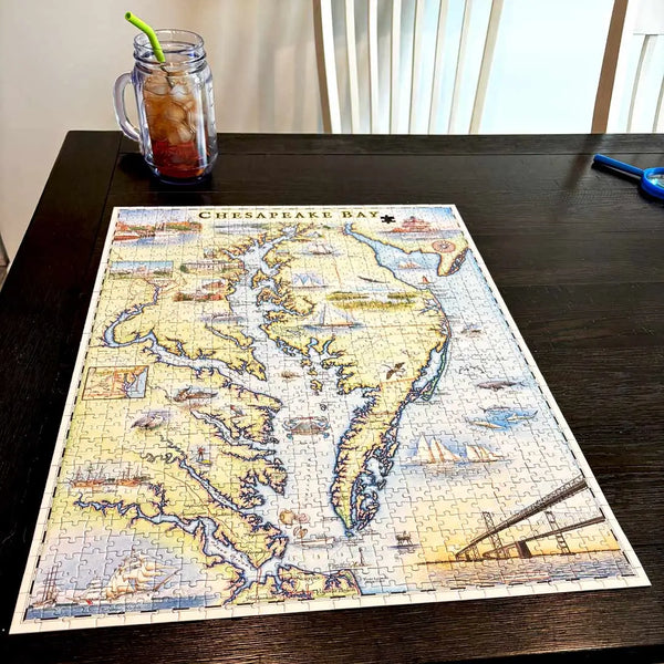 Chesapeake Bay Puzzle on a wood fully assembled.