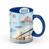 Chesapeake Bay Map Ceramic Mug in blue featuring sail boats, bridges, sea creatures, bridges, and lighthouses.