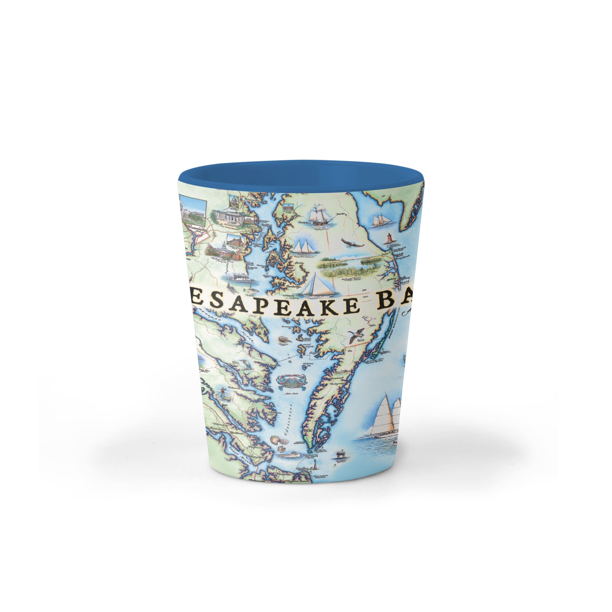 Chesapeake Bay Map Ceramic shot glass featuring illustrations of boat craft and marine life. Places on the map include Baltimore, Annapolis, Cambridge, Yorktown, and the Chesapeake Bay Bridge.