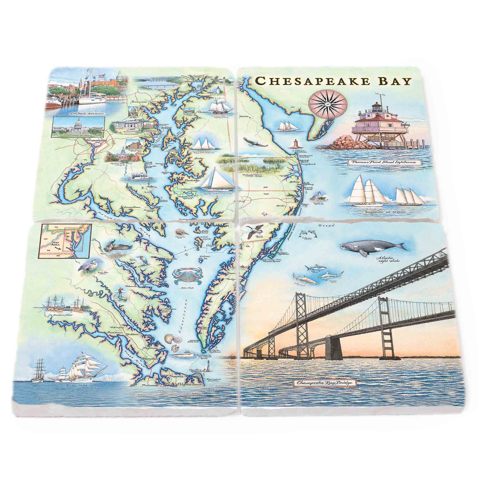 Chesapeake Bay Natural Stone Coasters in shades of blue, green, and tan. The design showcases Thomas Point Shoal Lighthouse, boats, whales, sharks, and dolphins, capturing the maritime essence of the bay. Explore City Dock Annapolis, the US State Capitol, and the beauty of birds in this coastal-inspired collection.