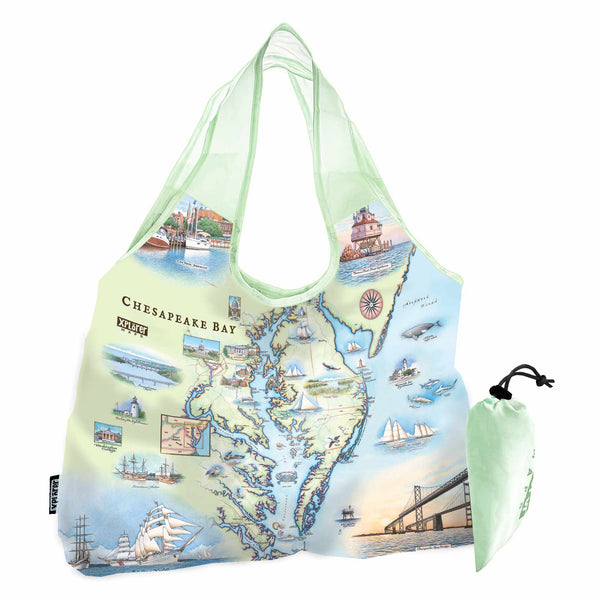 Chesapeake Bay Map Pouch Tote Bag. Featuring illustrations of boat craft and marine life. Places on the map include Baltimore, Annapolis, Cambridge, Yorktown, and the Chesapeake Bay Bridge.