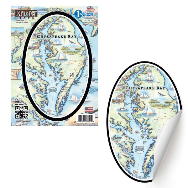 Chesapeake Bay oval sticker. Featuring blue crab, sailboats, bridges and lighthouse. 