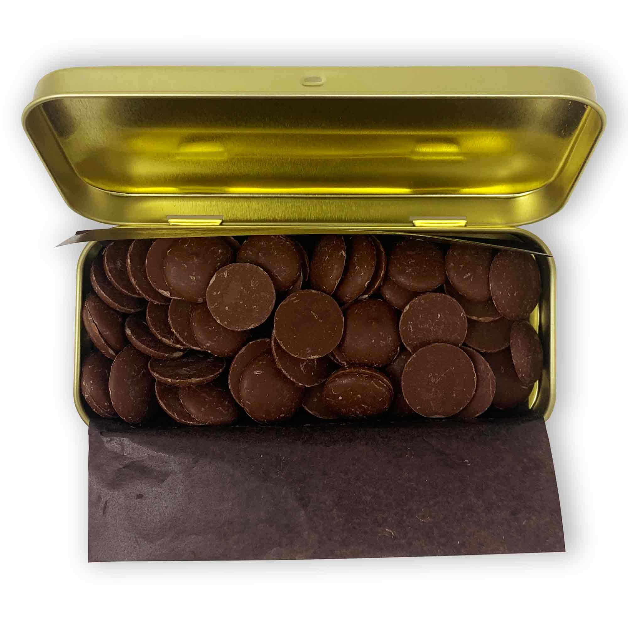 Milk and Dark chocolates by Xplorer Maps in a gold re-usable tin with lid open to see the morsels. 