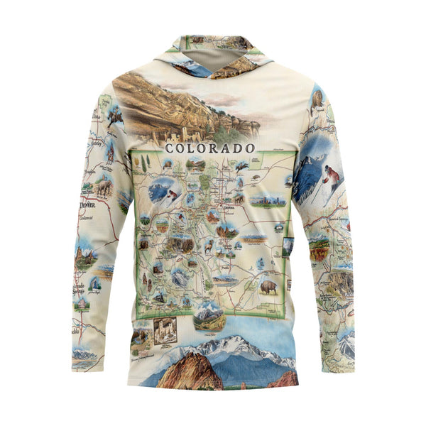 Hoodie with a map design of Colorado on a white background