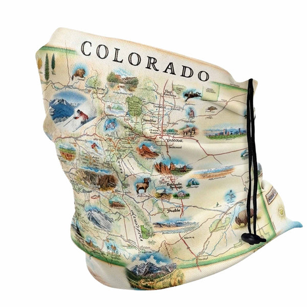 Neck gaiter with a map of Colorado on a white background