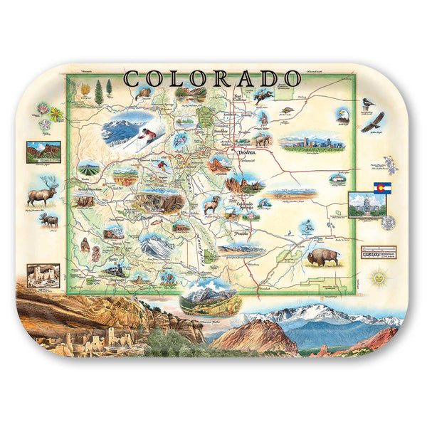 Large Serving Tray Map of Colorado with various attractions and landscapes on a decorative tray.