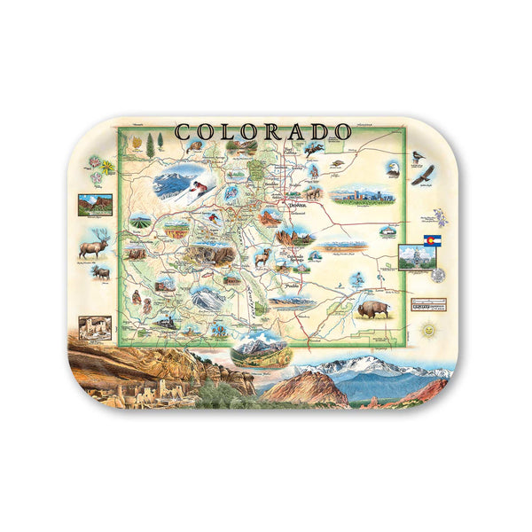 Medium Serving Tray map of Colorado featuring various icons and landscapes on a white background.