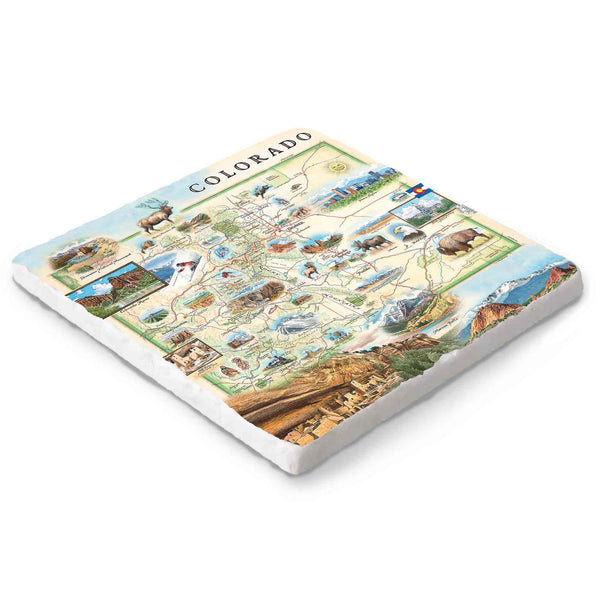 Colorado map artwork on a 6x6 natural stone trivet by Xplorer Maps.