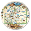 Round Serving Tray Map of Colorado with various attractions and landscapes on a circular design.