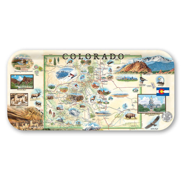 Small Serving Tray Map of Colorado with various icons and scenic illustrations on a white background