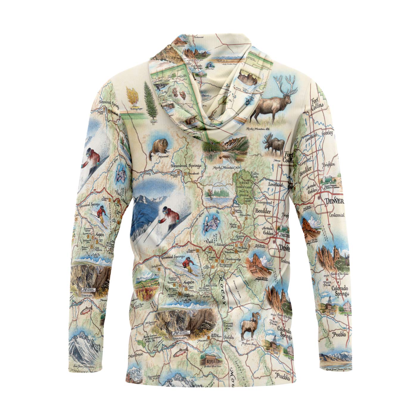Hoodie with a map and nature-themed design on a white background