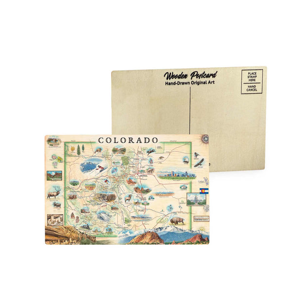 Colorado State Map wooden postcard 4x4 inches in earth tones featuring hand-drawn cities, wildlife like elk and bighorn sheep, indigenous cultural elements, and outdoor activities.