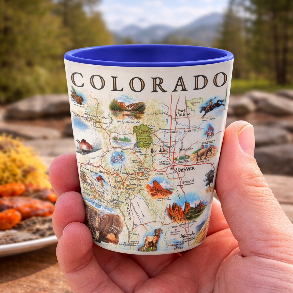 Hand holding a Colorado-themed ceramic cup with a map design outdoors.