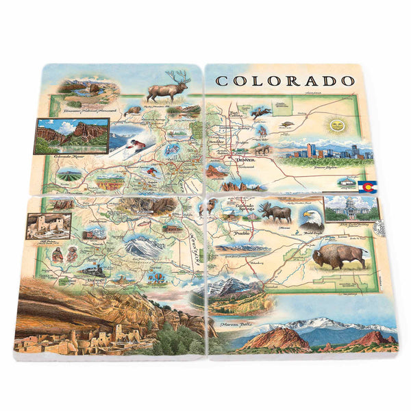 Natural stone coasters showcasing Colorado, with iconic landmarks like Red Rocks Amphitheatre, along with popular cities such as Denver and Colorado Springs, complemented by diverse wildlife including elk, moose, bison, and golden eagles.