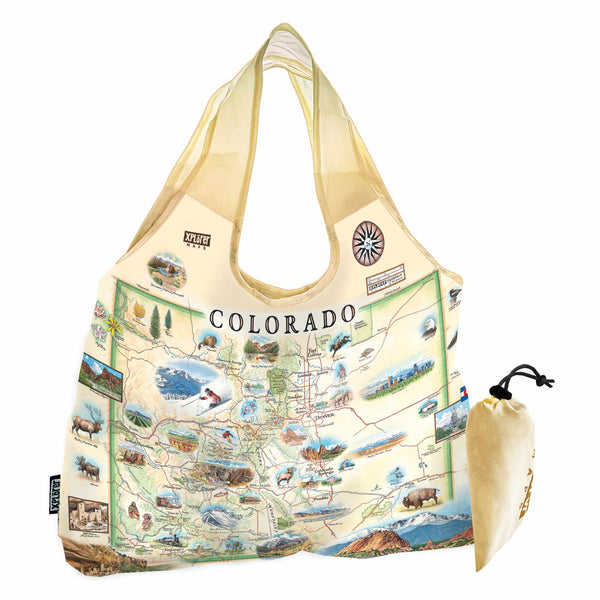 Colorado State Map stuffable pouch tote bag in earth tones showcases a map of Colorado State, featuring cities like Denver, Fort Collins, Colorado Springs, Aspen, and Durango. The design also includes local flora and fauna, such as moose, Rocky Mountain elk, turtles, eagles, and Bighorn Sheep, as well as the Navajo and Hopi peoples. The map highlights popular activities like hiking, biking, rafting, and skiing.